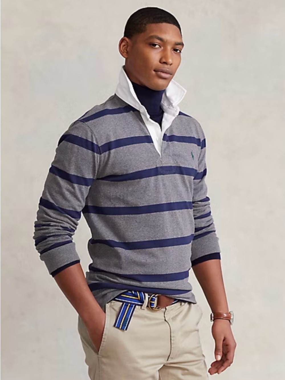 Polo Ralph Lauren The Iconic Rubgy Shirt Grey & Blue Striped Long Sleeve
